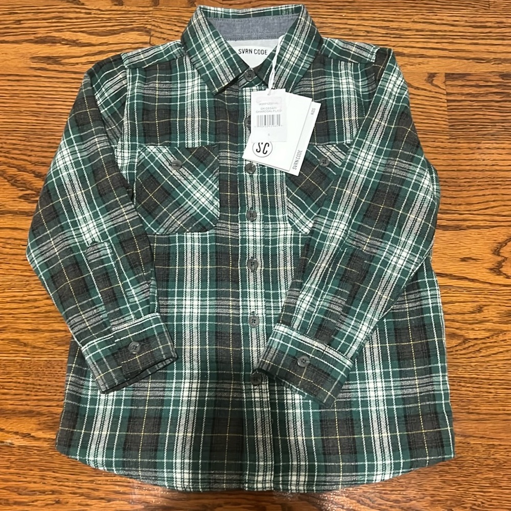 NWT boys button down green plaid shirt